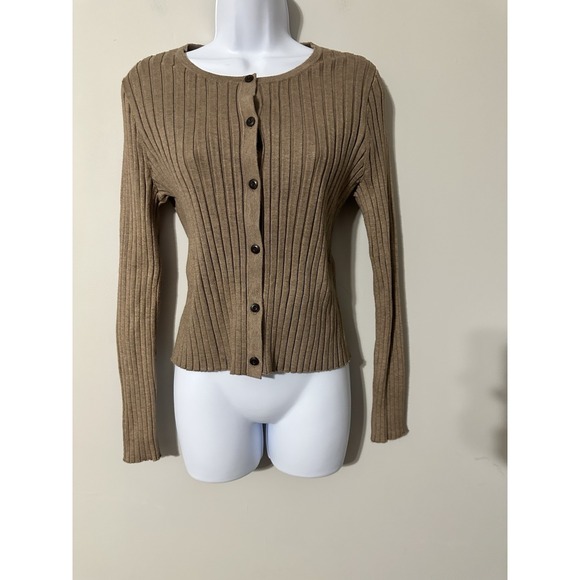Quince Eco Knit Cropped Rib Button Front Cardigan Warm Taupe EUC Size M - Picture 4 of 10